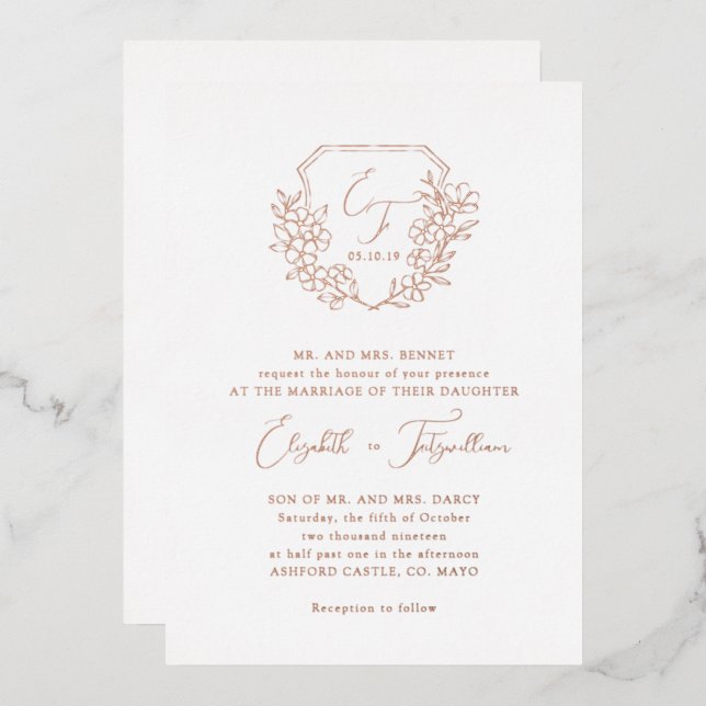 Rose Gold Foil Cherry Blossom Monogram Crest  Invitation (Front/Back)