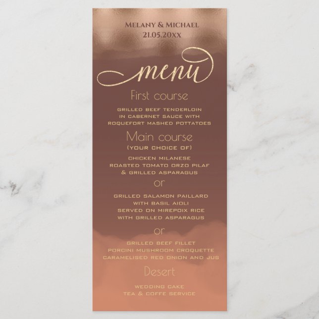 Rose gold foil cinnamon cantaloupe watercolor menu (Front)