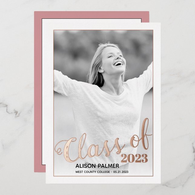 Rose gold foil Class of 2026 script photo Foil Invitation (Front/Back)