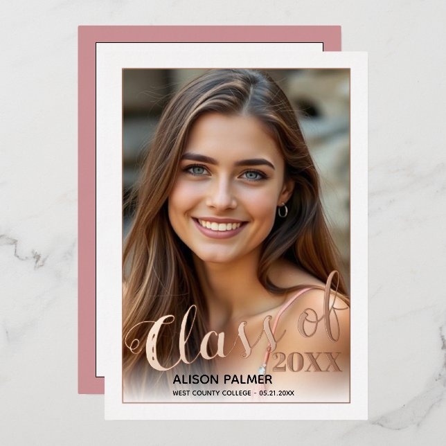 Rose gold foil Class of 2026 script photo Invitation (Front/Back)
