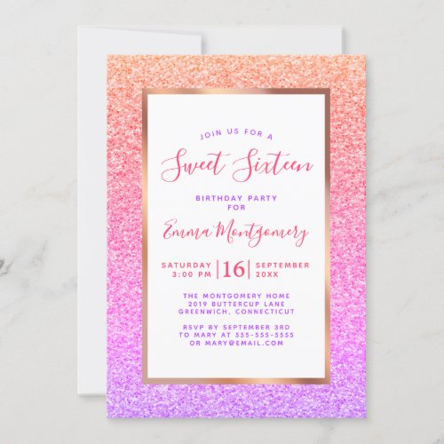 Rose Gold Foil Colorful Sweet 16 Birthday Party Invitation
