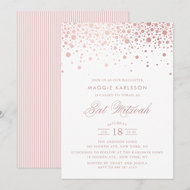 Rose Gold Foil Confetti Bat Mitzvah Invitation (Front/Back)