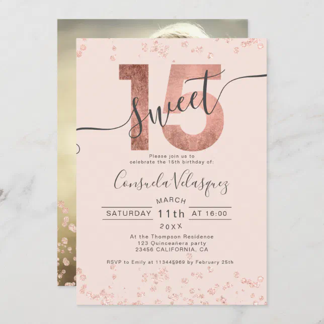 Rose gold foil confetti blush Quinceanera photo Invitation | Zazzle