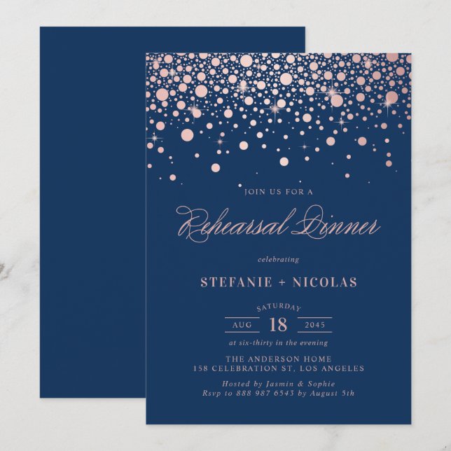 Rose Gold Foil Confetti Navy Blue Rehearsal Dinner Invitation (Front/Back)