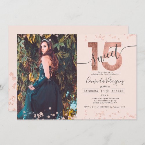 Rose gold foil confetti photo blush Quinceanera Invitation