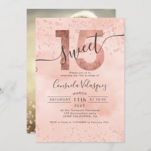 Rose gold foil confetti pink Quinceanera photo Invitation