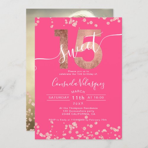 Rose gold foil confetti pink Quinceanera photo Invitation