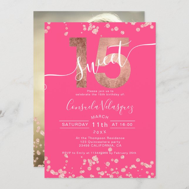 Rose gold foil confetti pink Quinceanera photo Invitation (Front/Back)