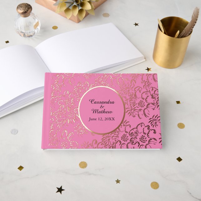 Rose Gold Foil Daisies Floral Pink Wedding Guest Book (Front Open)