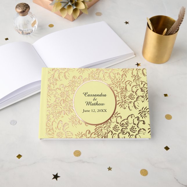Rose Gold Foil Daisies Floral Yellow Wedding Guest Book (Front Open)