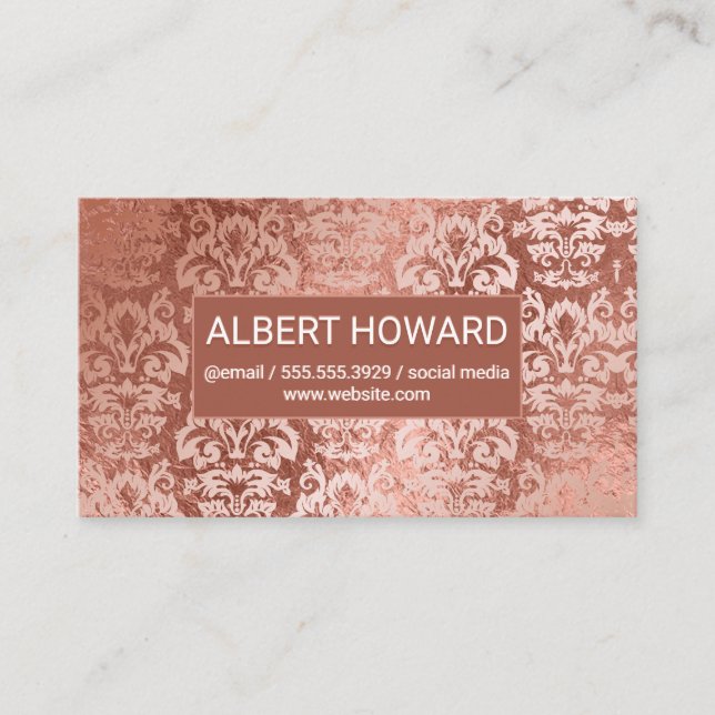 Rose Gold Foil Damask Background Metallic Shiny Business Card (Front)