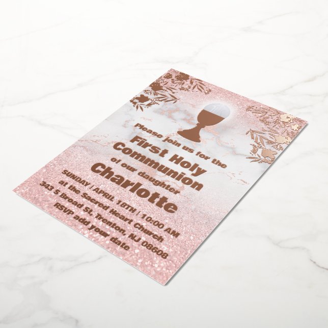 rose gold foil details First Holy Communion Invitation (Rotated)