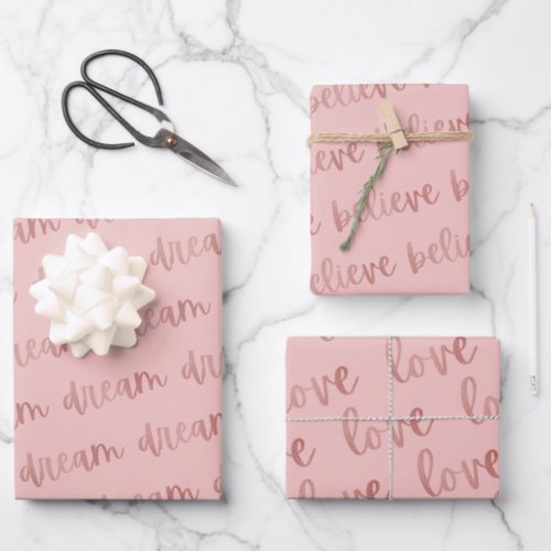 Rose Gold Foil Dream Believe Love Script  Pink Wrapping Paper Sheets