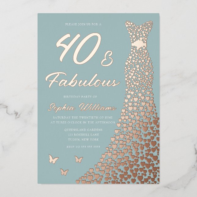 Rose Gold Foil Dress 40 & Fabulous 40th Birthday Foil Invitation (Front)