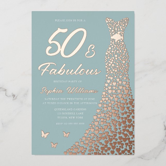 Rose Gold Foil Dress 50 & Fabulous 50th Birthday Invitation (Front)
