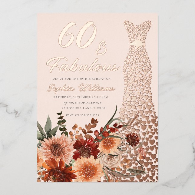 Rose Gold Foil Dress Boho Floral 60th Birthday Invitation (Front)