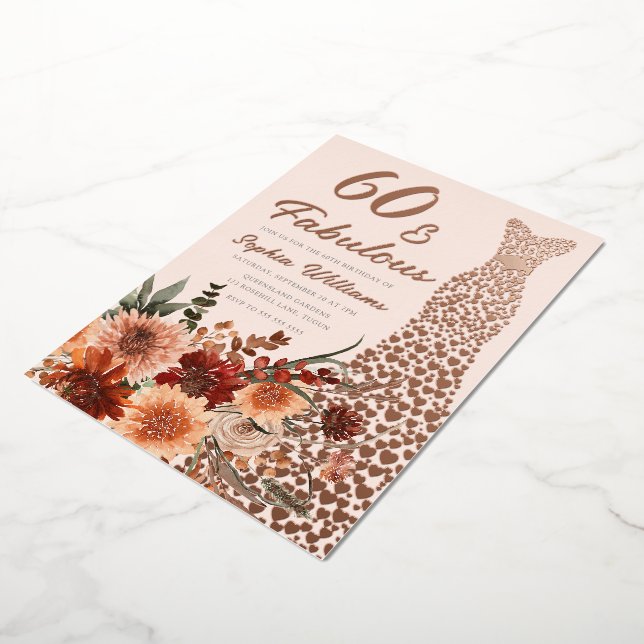 Rose Gold Foil Dress Boho Floral 60th Birthday Invitation | Zazzle