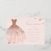 ROSE GOLD FOIL Dress Butterfly Quinceanera Foil Invitation (Standing Front)