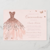 ROSE GOLD FOIL Dress Butterfly Quinceanera Foil Invitation (Front)