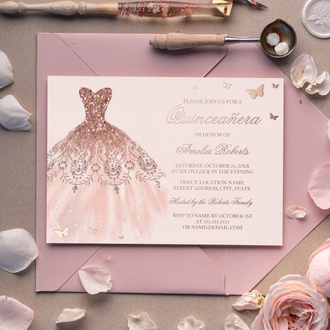 ROSE GOLD FOIL Dress Butterfly Quinceanera Invitation (Creator Uploaded)