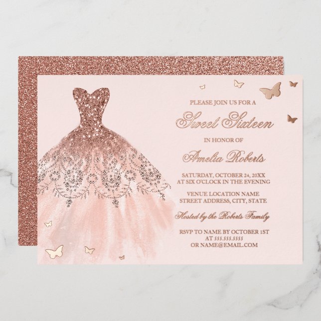 ROSE GOLD FOIL Dress Butterfly Sweet Sixteen  Foil Invitation (Front/Back)