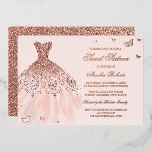 ROSE GOLD FOIL Dress Butterfly Sweet Sixteen Invitation