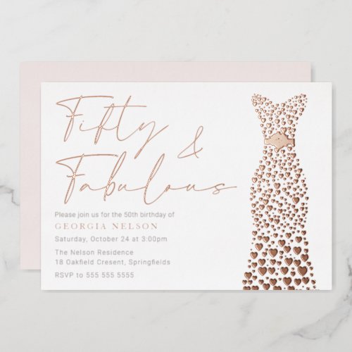 Rose Gold Foil Dress Fifty  Fab 50th Birthday  Foil Invitation