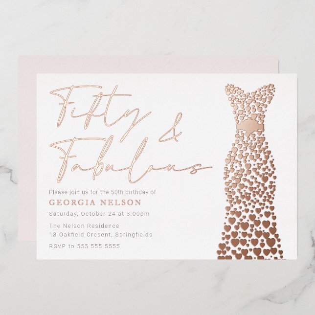 Rose Gold Foil Dress Fifty & Fab 50th Birthday  Foil Invitation (Front/Back)