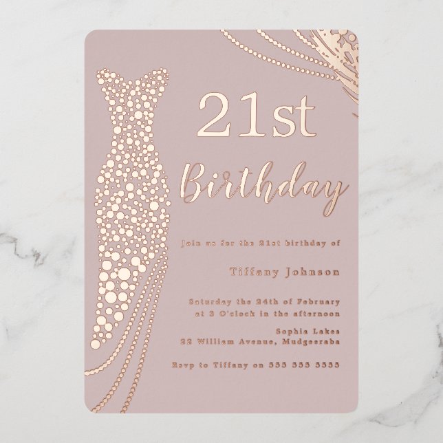 Rose Gold Foil Dress Pink Elegant 21st Birthday Invitation (Front)