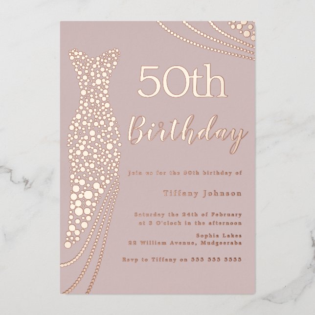Rose Gold Foil Dress Pink Elegant 50th Birthday Foil Invitation (Front)