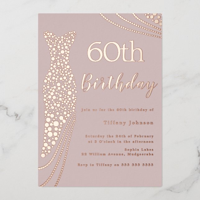 Rose Gold Foil Dress Pink Elegant 60th Birthday Foil Invitation (Front)