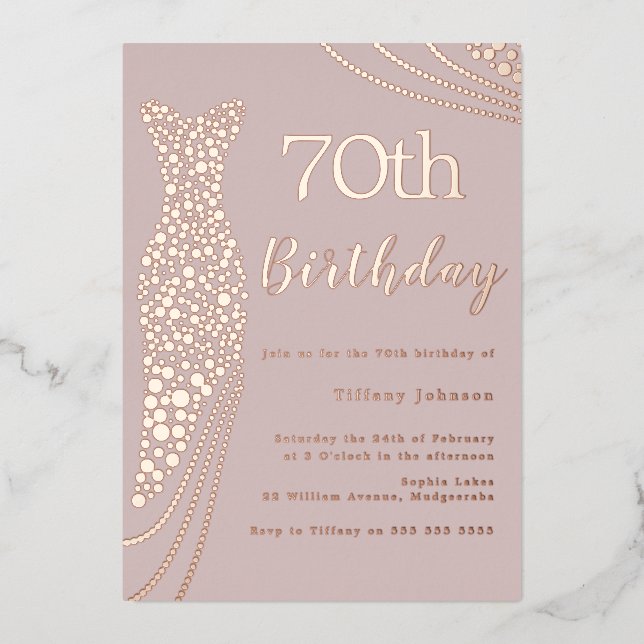 Rose Gold Foil Dress Pink Elegant 70th Birthday Invitation (Front)