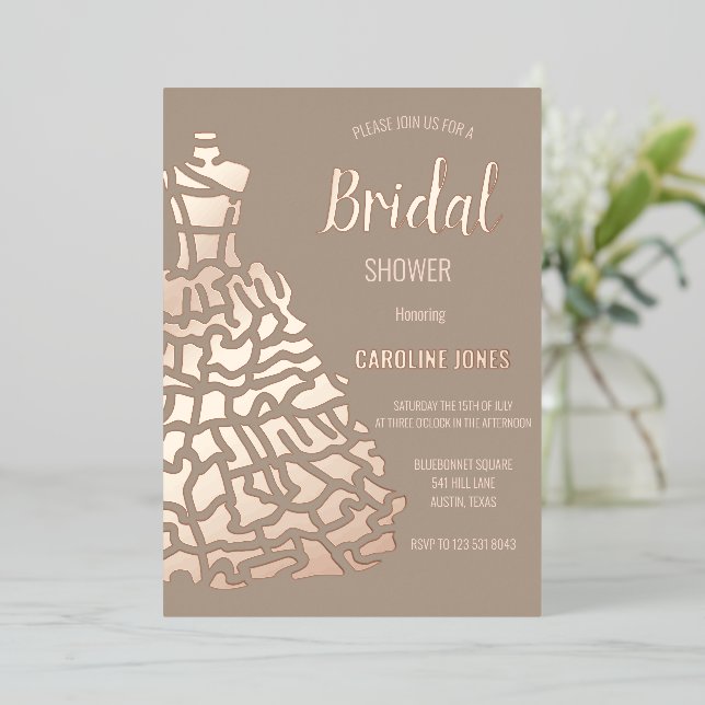 Rose Gold Foil Elegant Dress Bridal Shower Foil Invitation (Standing Front)