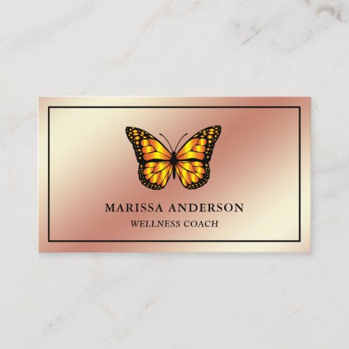 Rose Gold Foil Elegant Orange Monarch Butterfly Business Card