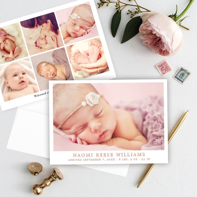 Rose Gold Foil Elegant Photo Collage Birth Announc Invitation (Creator Uploaded)