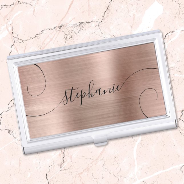 Rose Gold Foil Elegant Script Curly Name Business Card Case (Create your own girly personalized business card case for her.)