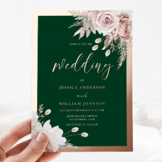 Rose Gold Foil Emerald & Blush Floral Wedding Invitation