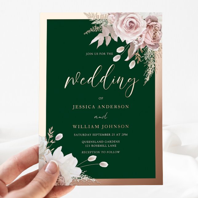 Rose Gold Foil Emerald & Blush Floral Wedding Invitation (Creator Uploaded)