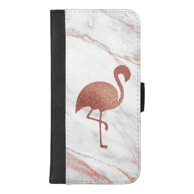 Rose Gold Foil Flamingo on Pink Marble Pattern iPhone Wallet Case (Front)