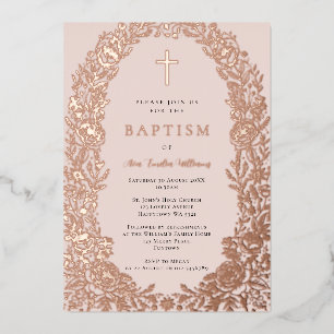 Rose Gold Foil Floral Baptism Invitation