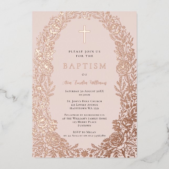 Rose Gold Foil Floral Baptism Invitation (Front)