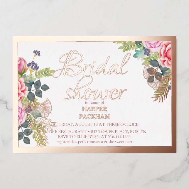 Rose gold foil floral bridal shower  invitation (Front)