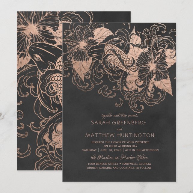 Rose Gold Foil Floral Koi Wedding Invitation (Front/Back)