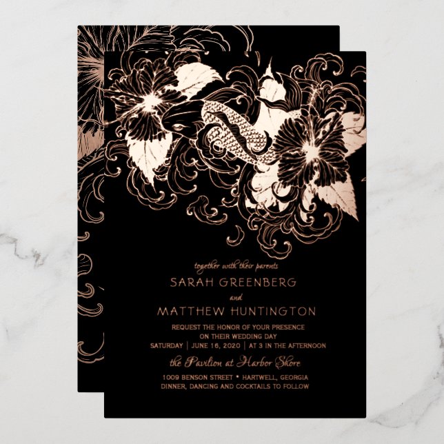 Rose Gold Foil Floral Koi Wedding Invitation Foil Invitation (Front/Back)