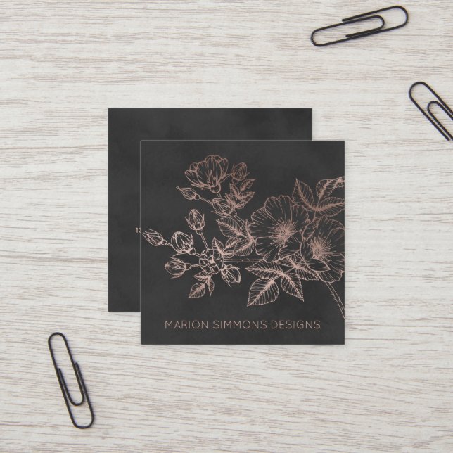 Rose Gold Foil Floral Square Business Card (Front/Back In Situ)