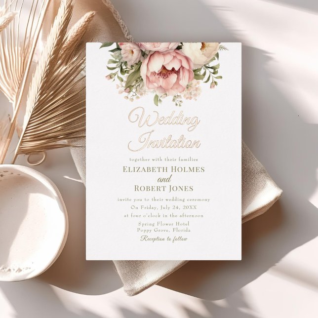 Rose Gold Foil Floral Wedding Invitation (Rose Gold Peach and Blush Floral Wedding Foil Invitation on a neutral boho wedding table.)