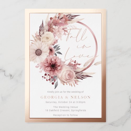 Rose Gold Foil Floral Wreath Fall In Love Wedding  Foil Invitation