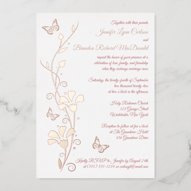 Rose Gold Foil Flowers, Butterflies Wedding Invite (Front)