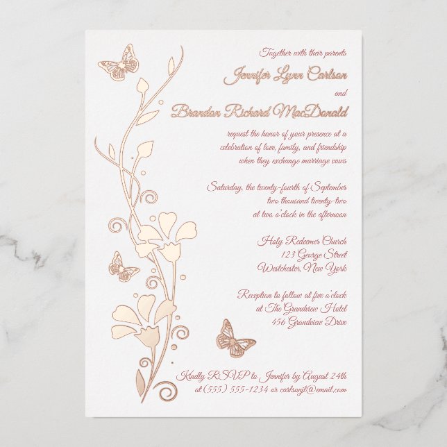 Rose Gold Foil Flowers, Butterflies Wedding Invite (Front)