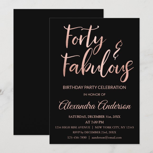 Rose Gold Foil Forty and Fabulous Birthday Invitation (Front/Back)